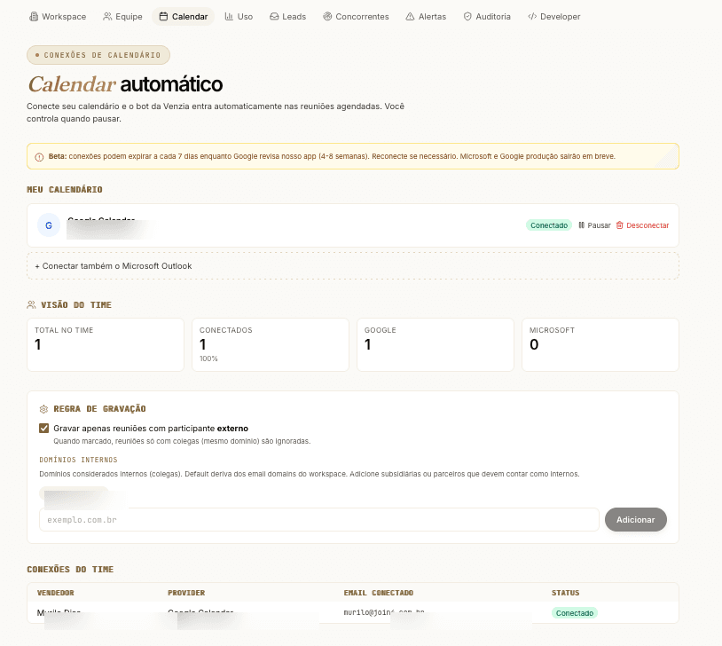 Configuração de Calendar automático com bot da Venzia
