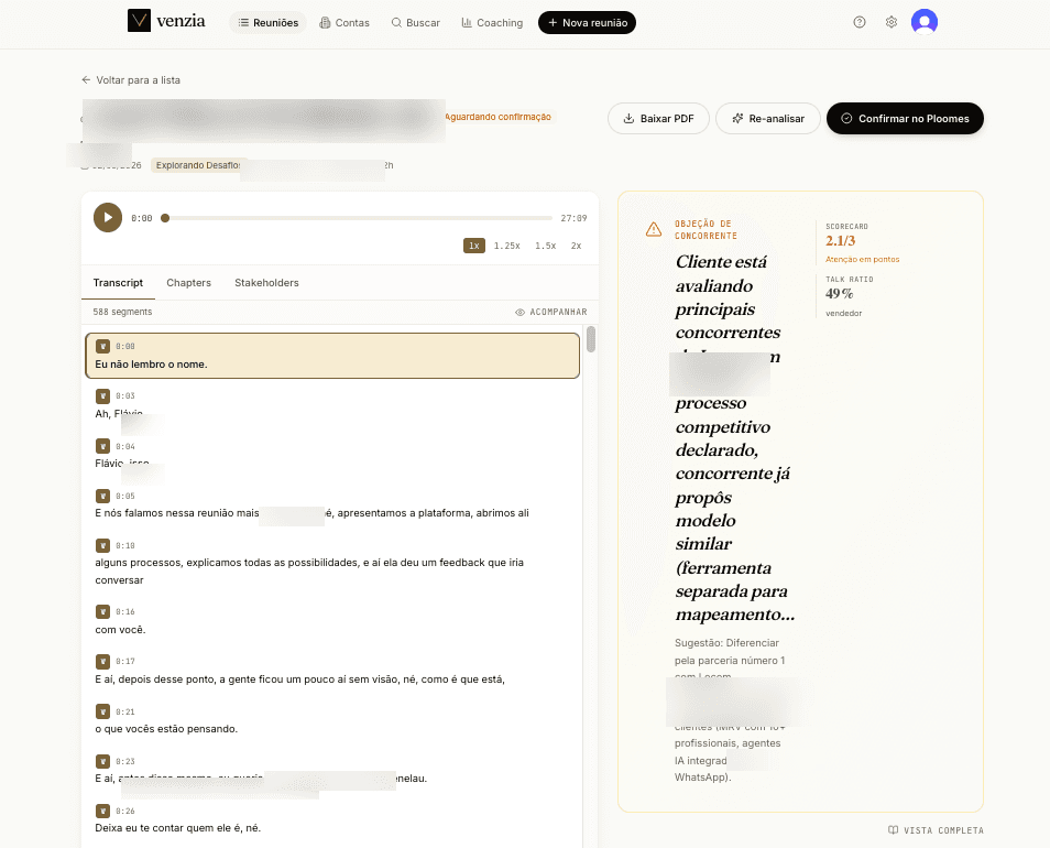 Reunião analisada com transcrição sincronizada e análise editorial