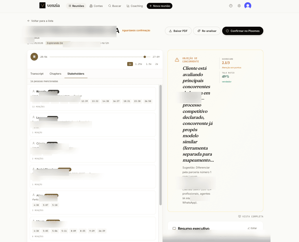Mapa de stakeholders com timestamps clicáveis das menções